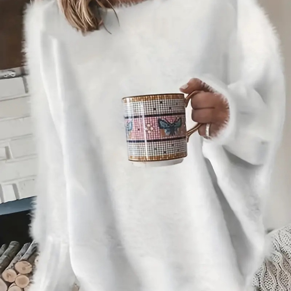 Solid White Fluffy Long Sleeve Sweater